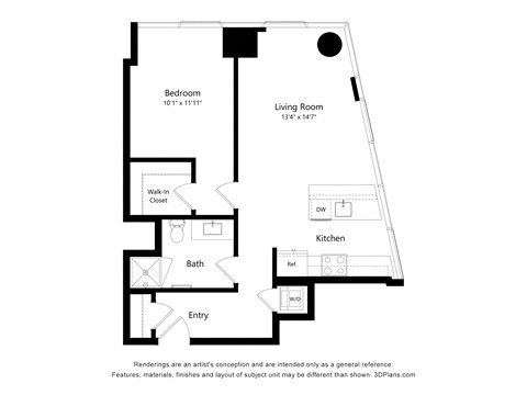 Floor plan for 1 bed, 1 bath, 693 sqft